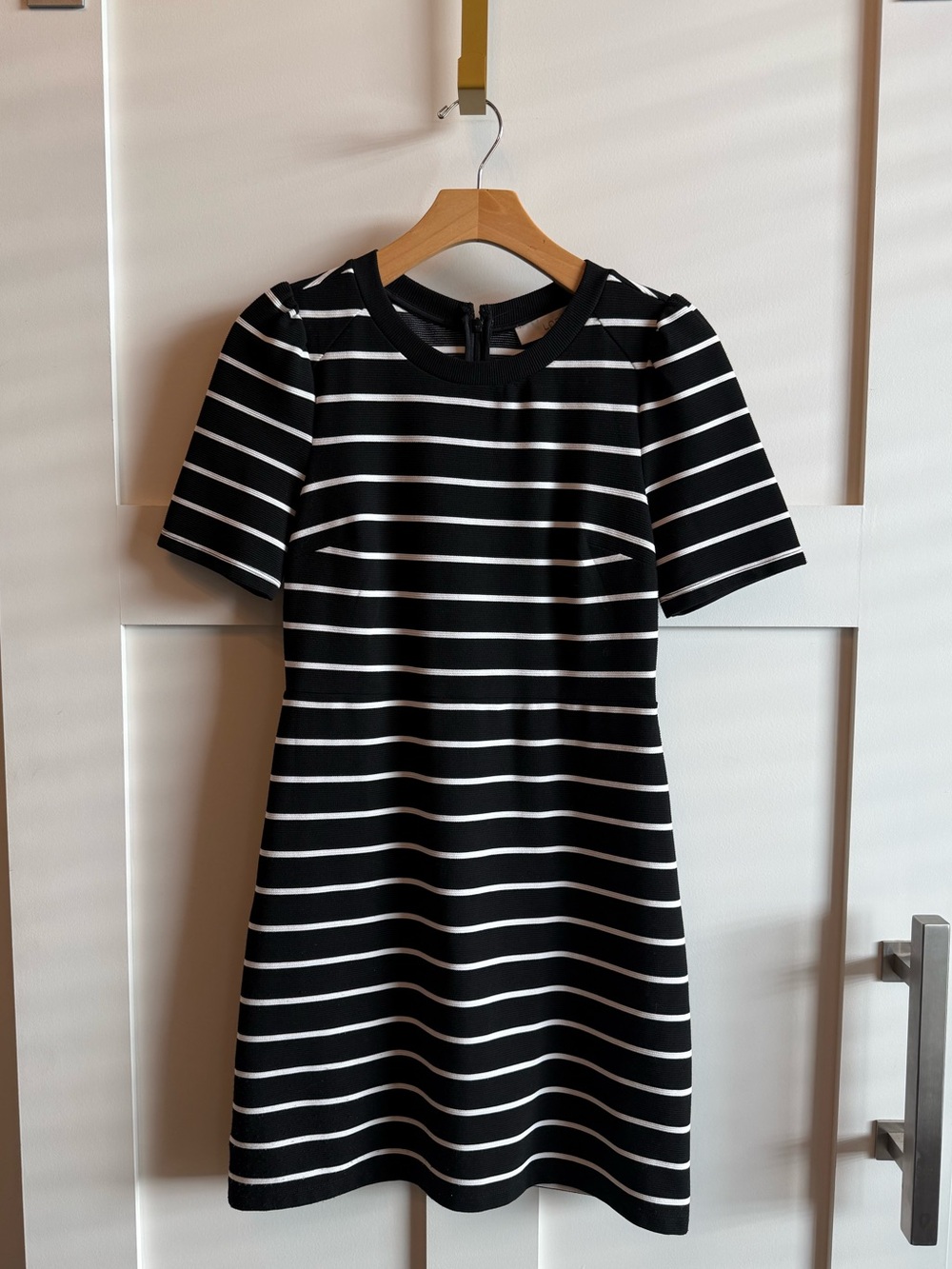 LOFT Black and White Striped Short Sleeve A-Line Dress